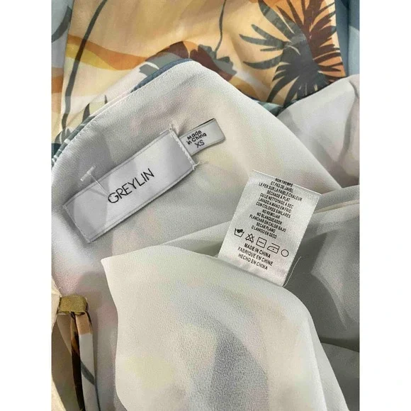 GREYLIN Tropical Palm Tree Cowl Neck Slip Dress Blue Tan XS - Picture 6 of 7